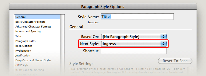 Paragraph Style Options, Next Style